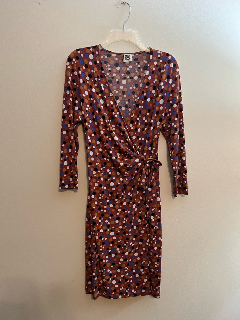 Anne Klein Rust Polka Dot Faux Wrap Dress Women’s Sz 6 Multicolor Jersey Stretch